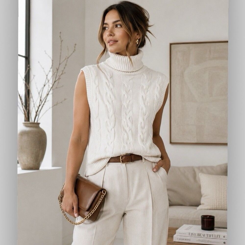 House of Harlow 1960 Cable Knit Turtleneck Sweater Vest Antique White Size M NWT